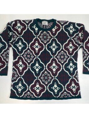 College Point Vintage Men XL Made in USA Teal Burgundy Geometric Knit Sweater